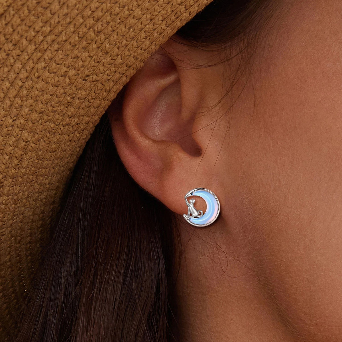 Opal Crescent Moon Cat Stud Earrings