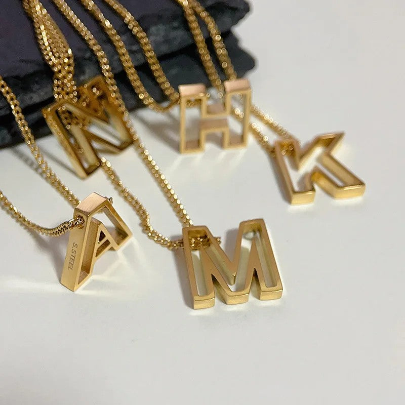 Hollow Block Letter Initial Necklace