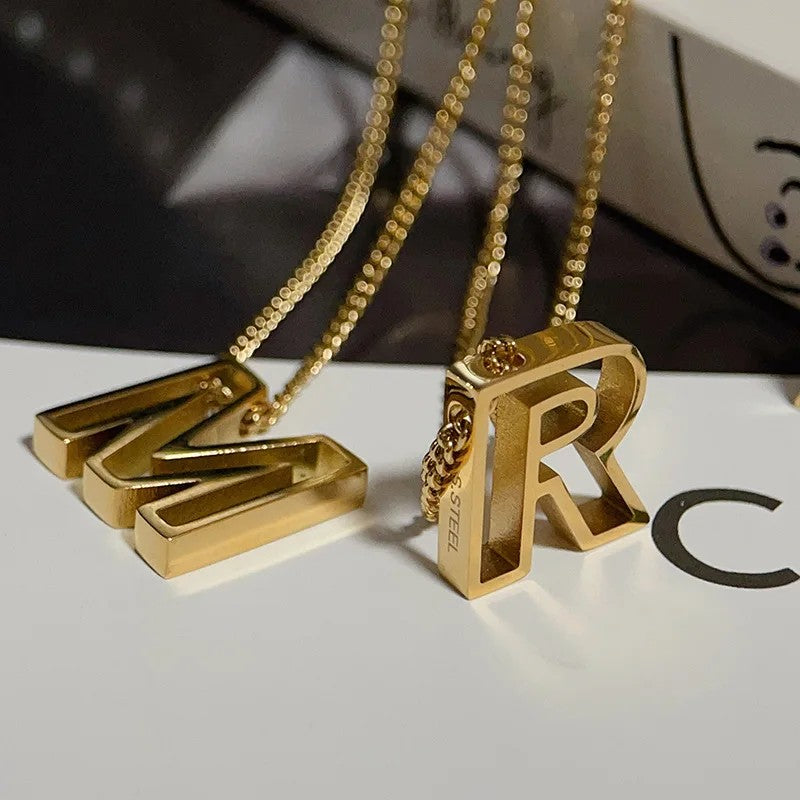 Hollow Block Letter Initial Necklace