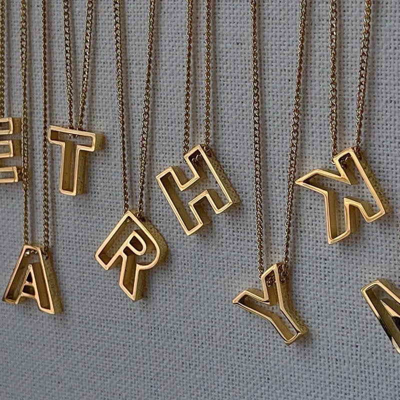 Hollow Block Letter Initial Necklace