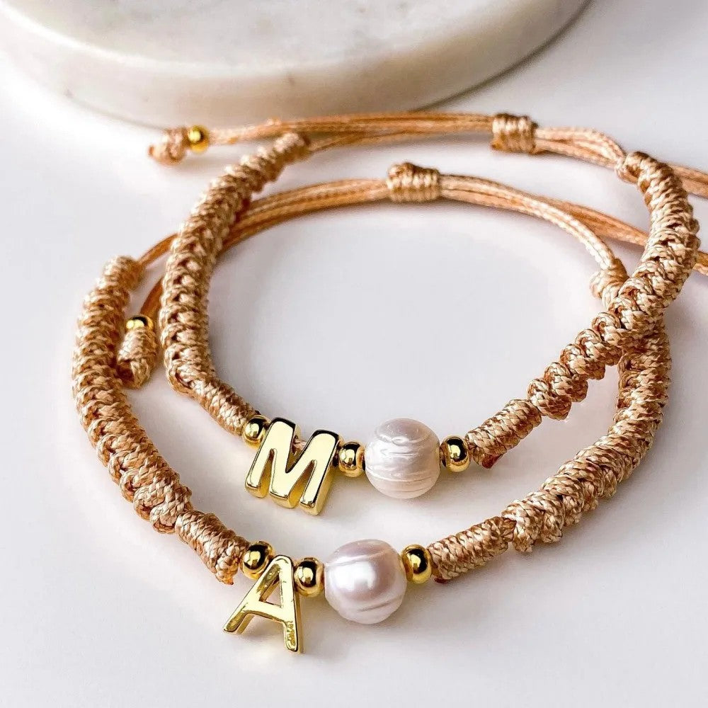 Pearl Initial Wax Cord Bracelet