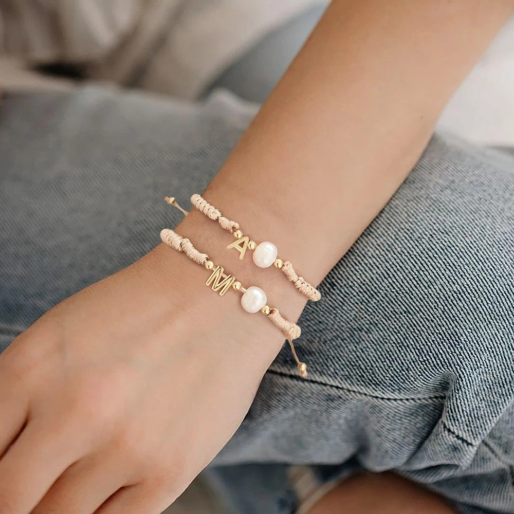 Pearl Initial Wax Cord Bracelet