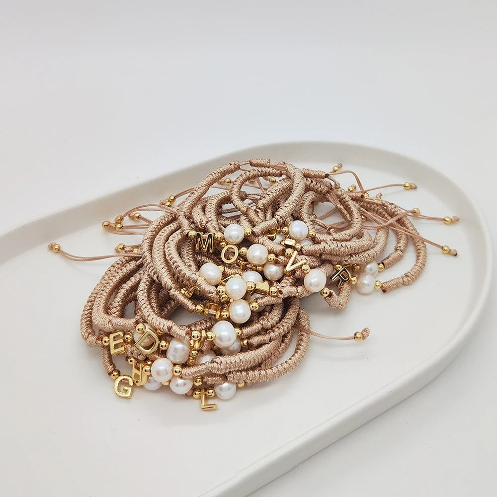 Pearl Initial Wax Cord Bracelet
