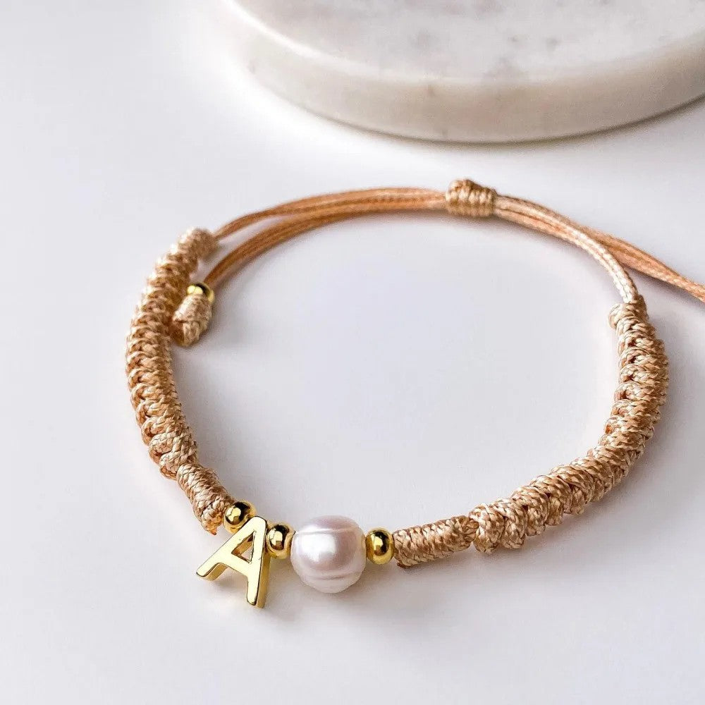 Pearl Initial Wax Cord Bracelet