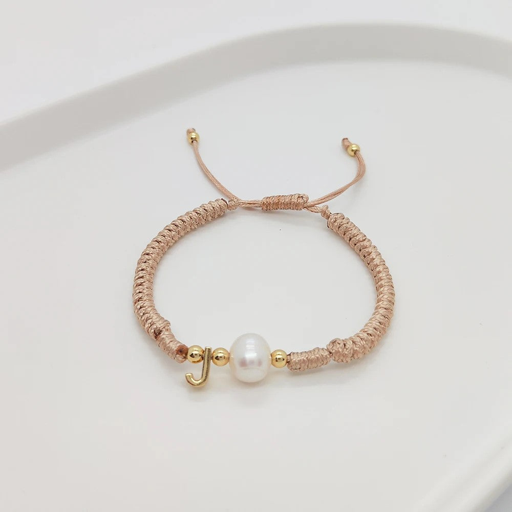 Pearl Initial Wax Cord Bracelet