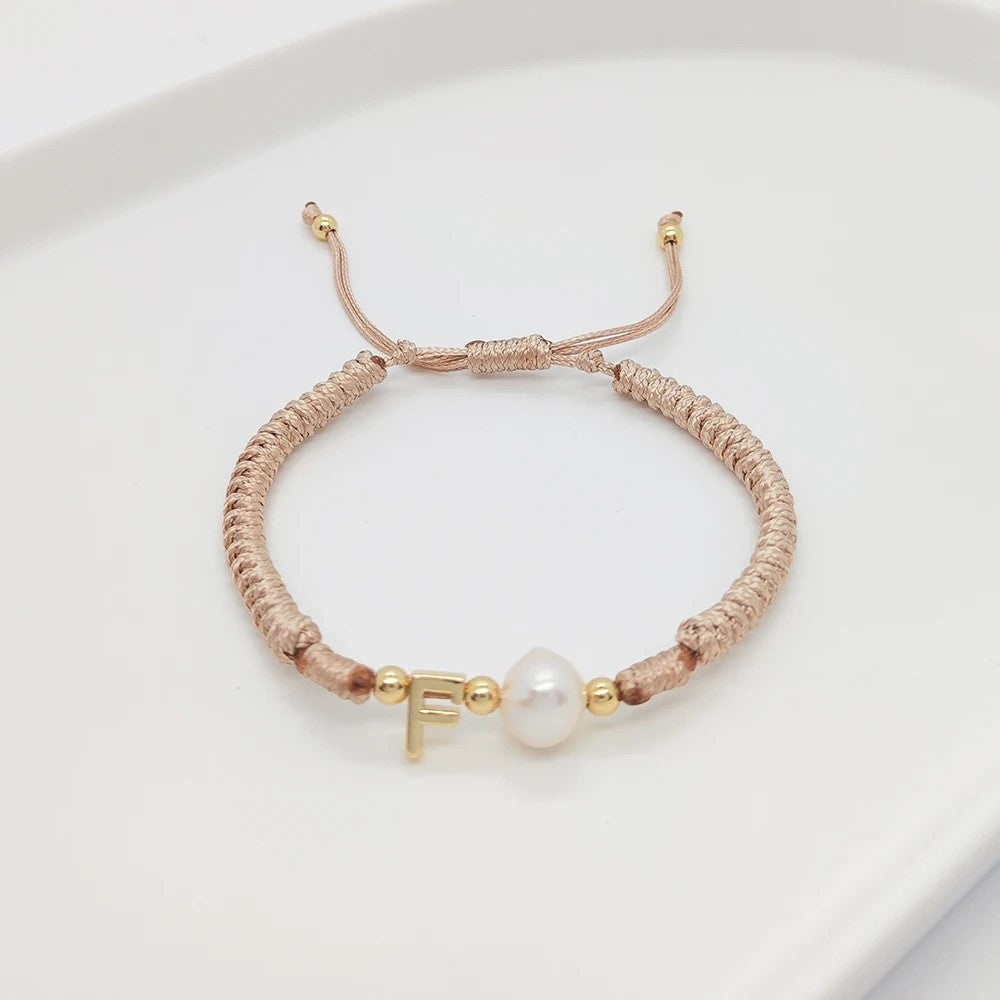 Pearl Initial Wax Cord Bracelet