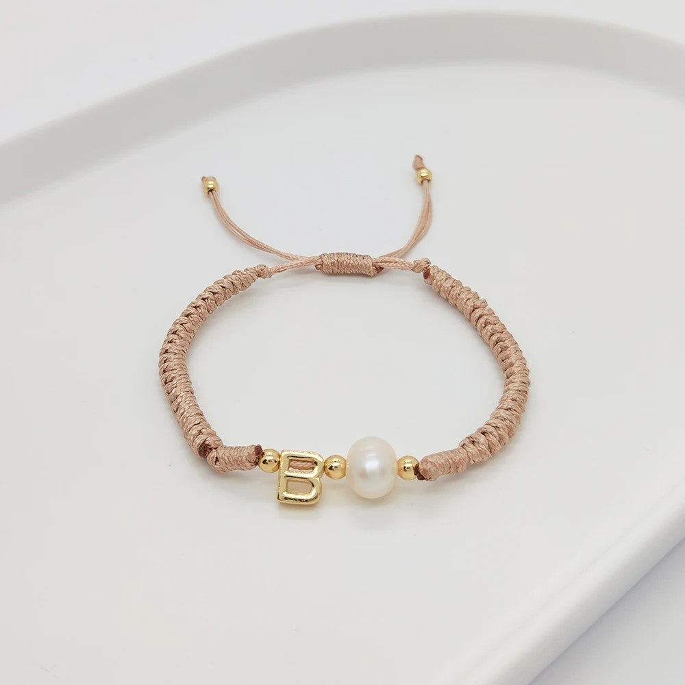 Pearl Initial Wax Cord Bracelet