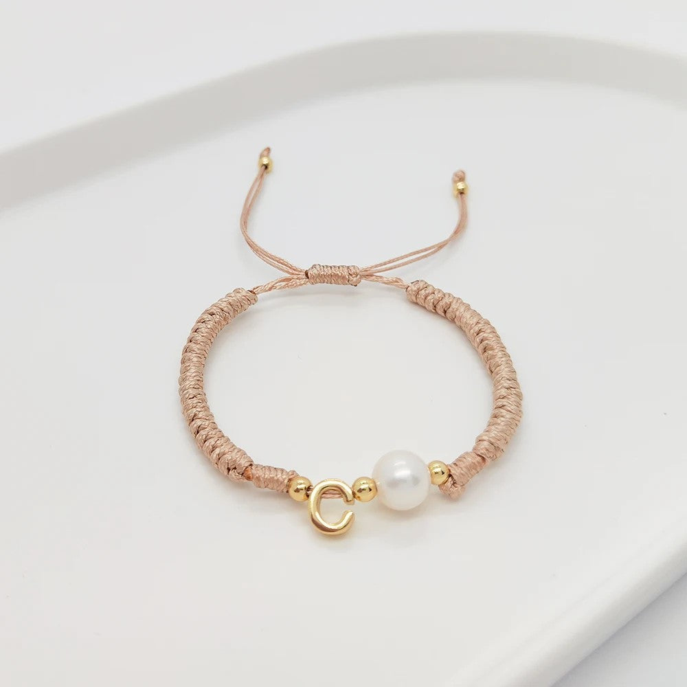 Pearl Initial Wax Cord Bracelet