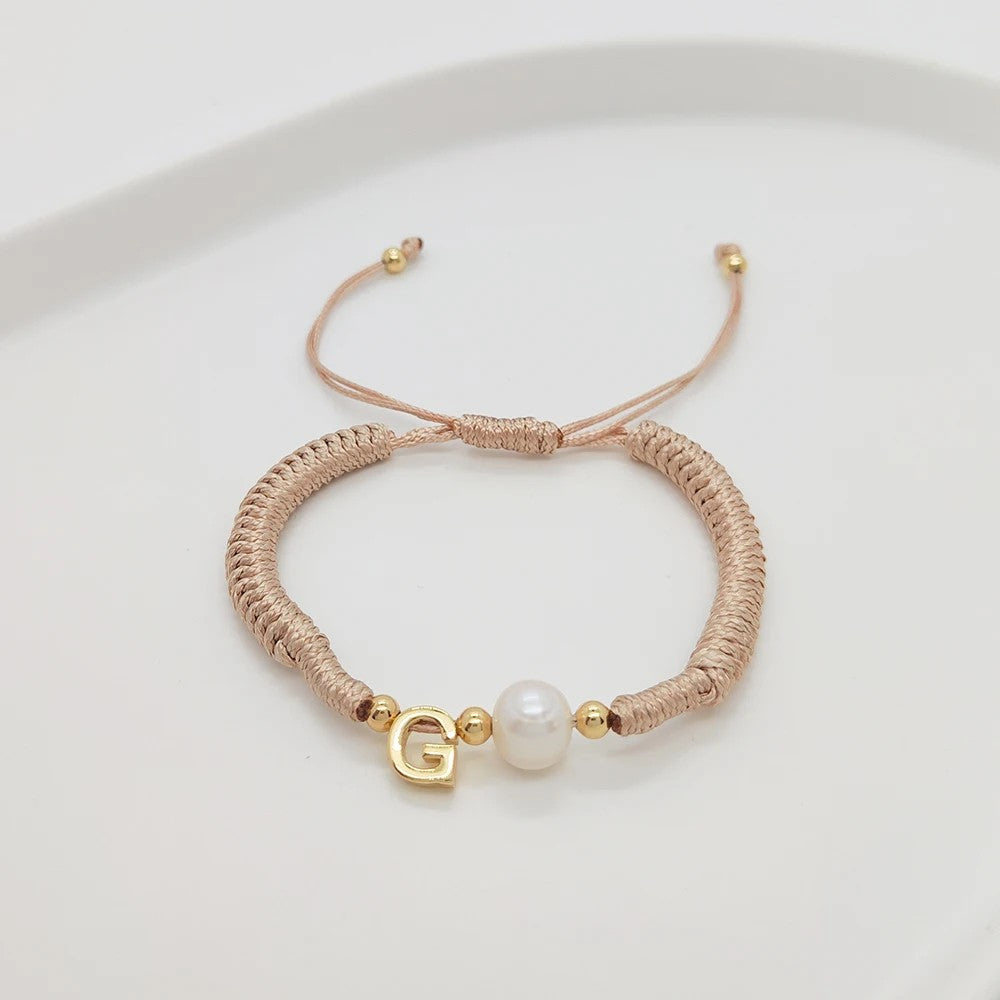 Pearl Initial Wax Cord Bracelet
