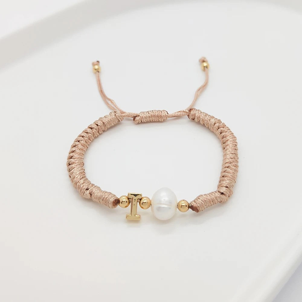 Pearl Initial Wax Cord Bracelet