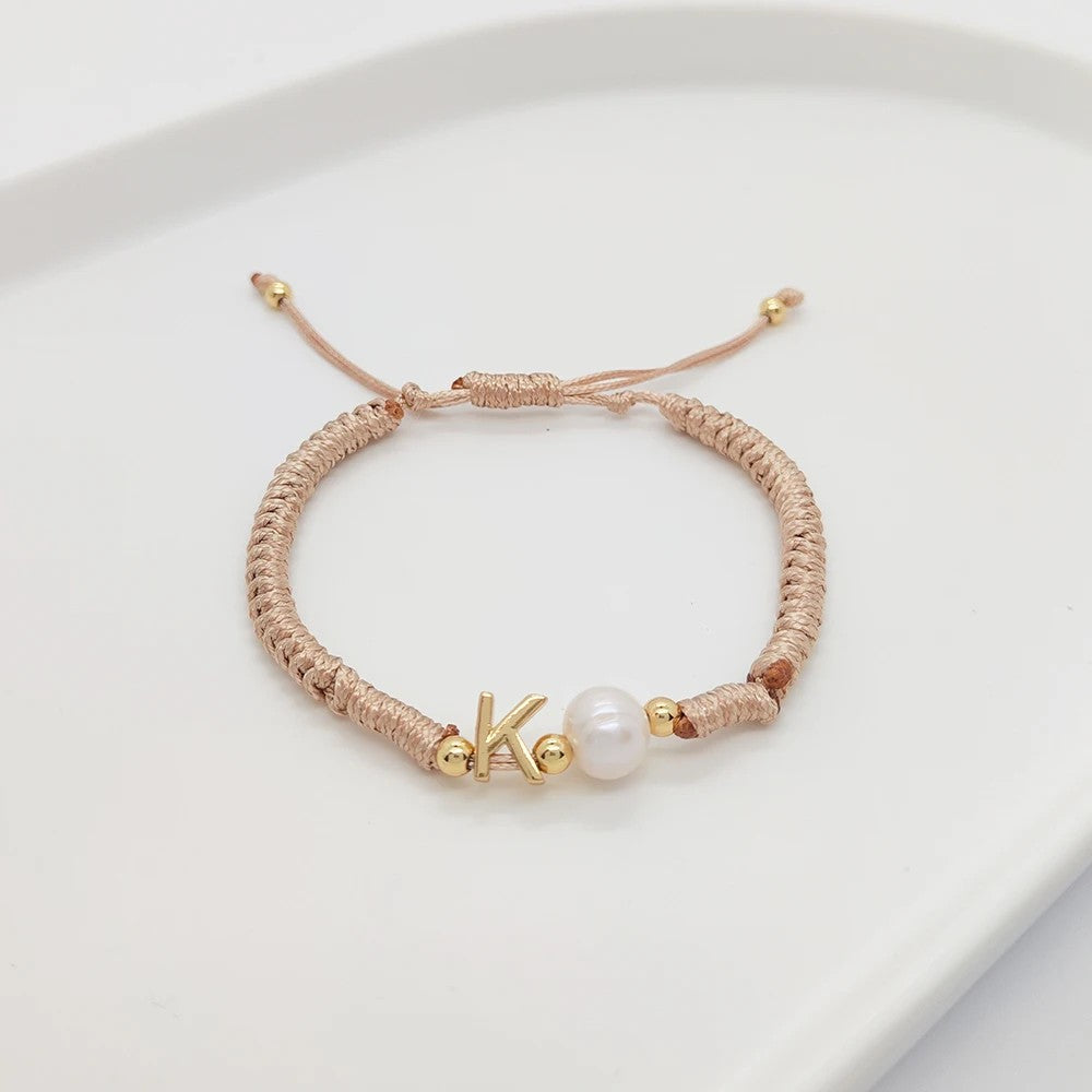 Pearl Initial Wax Cord Bracelet