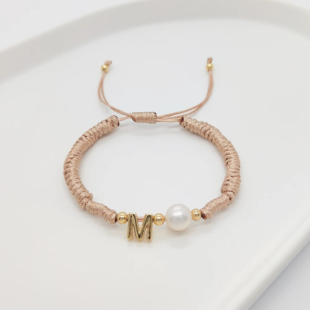 Pearl Initial Wax Cord Bracelet