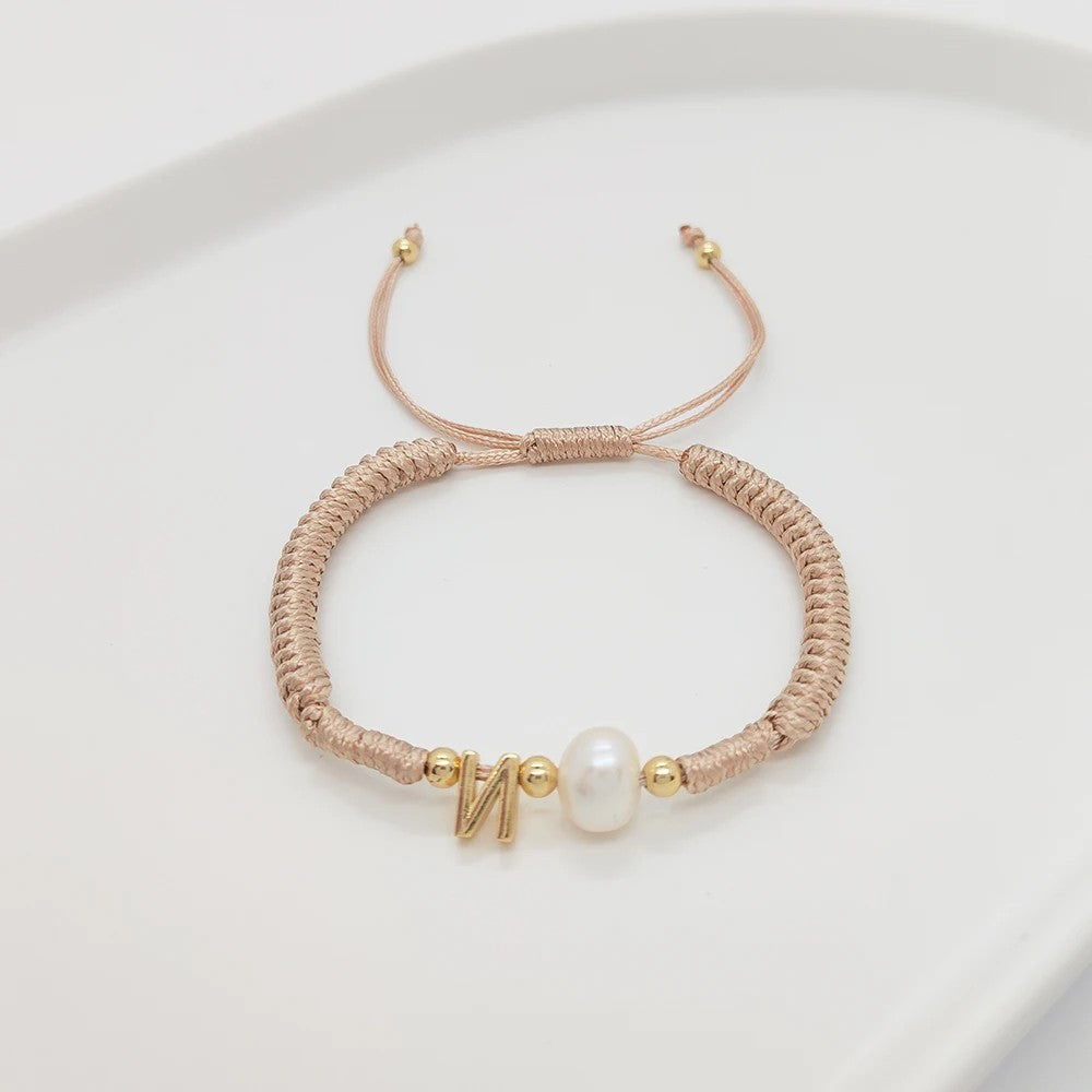 Pearl Initial Wax Cord Bracelet