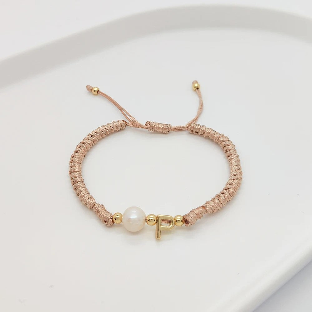 Pearl Initial Wax Cord Bracelet