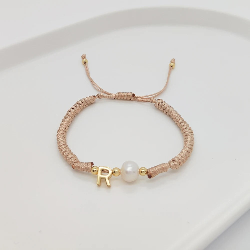 Pearl Initial Wax Cord Bracelet