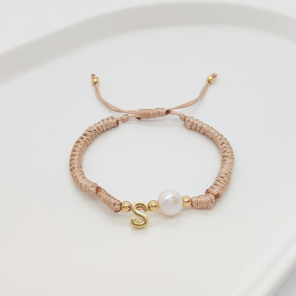 Pearl Initial Wax Cord Bracelet
