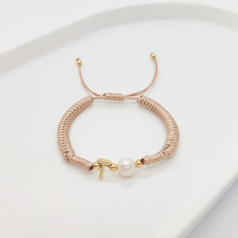Pearl Initial Wax Cord Bracelet
