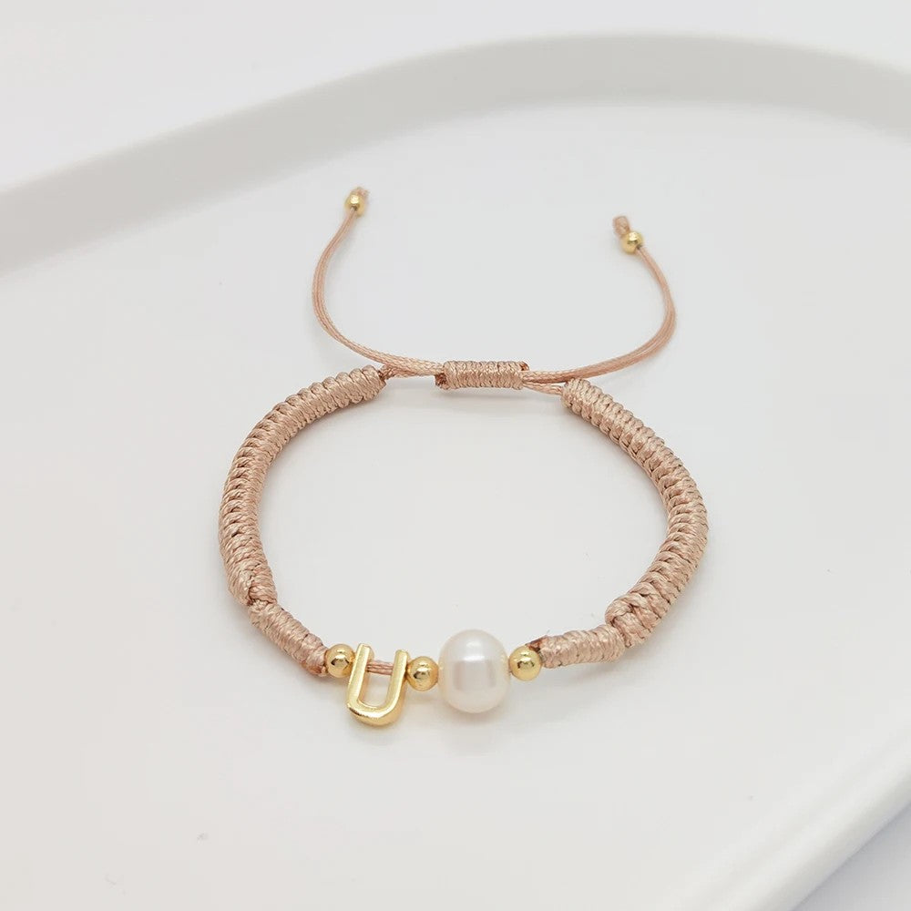 Pearl Initial Wax Cord Bracelet