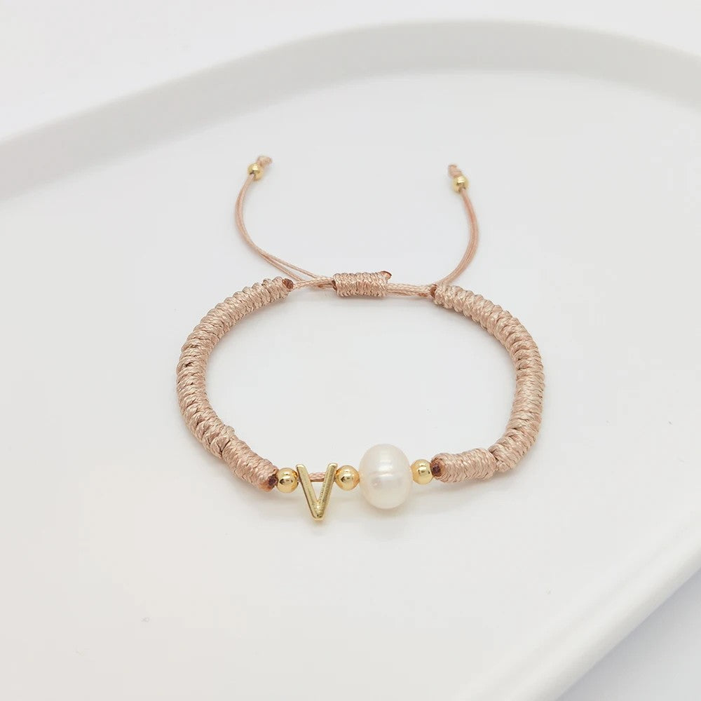 Pearl Initial Wax Cord Bracelet