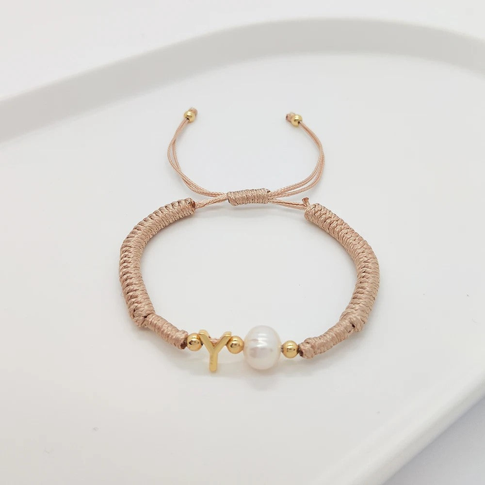 Pearl Initial Wax Cord Bracelet