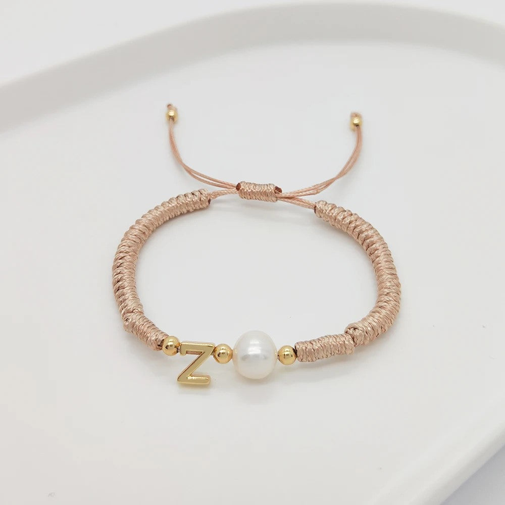 Pearl Initial Wax Cord Bracelet