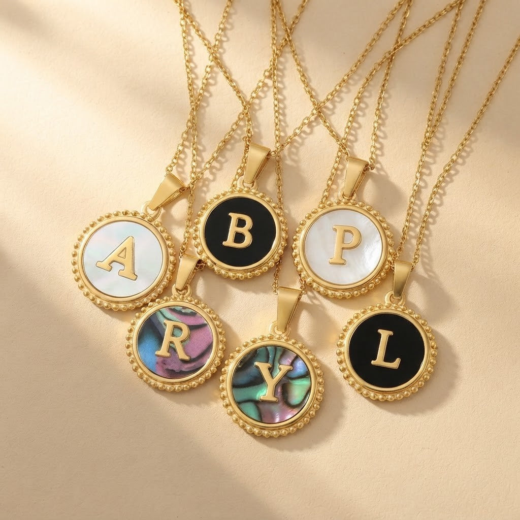 Round Abalone Initial Pendant Necklace