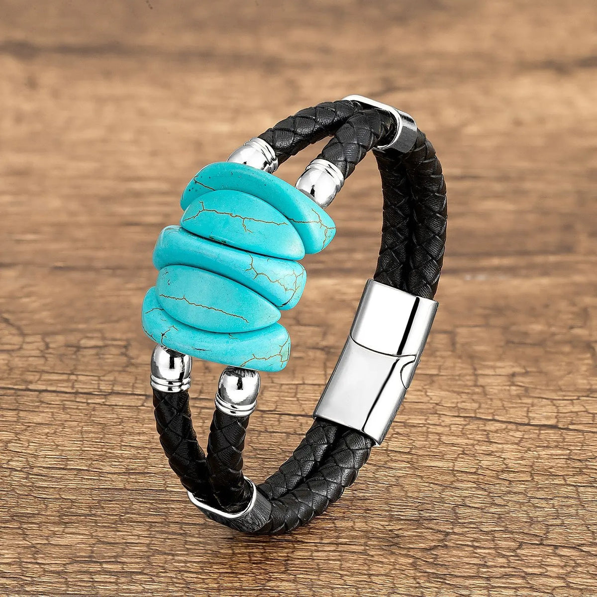 Turquoise Stone Braided Leather Bracelet