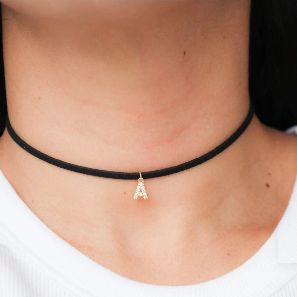Crystal Initial Velvet Choker Necklace
