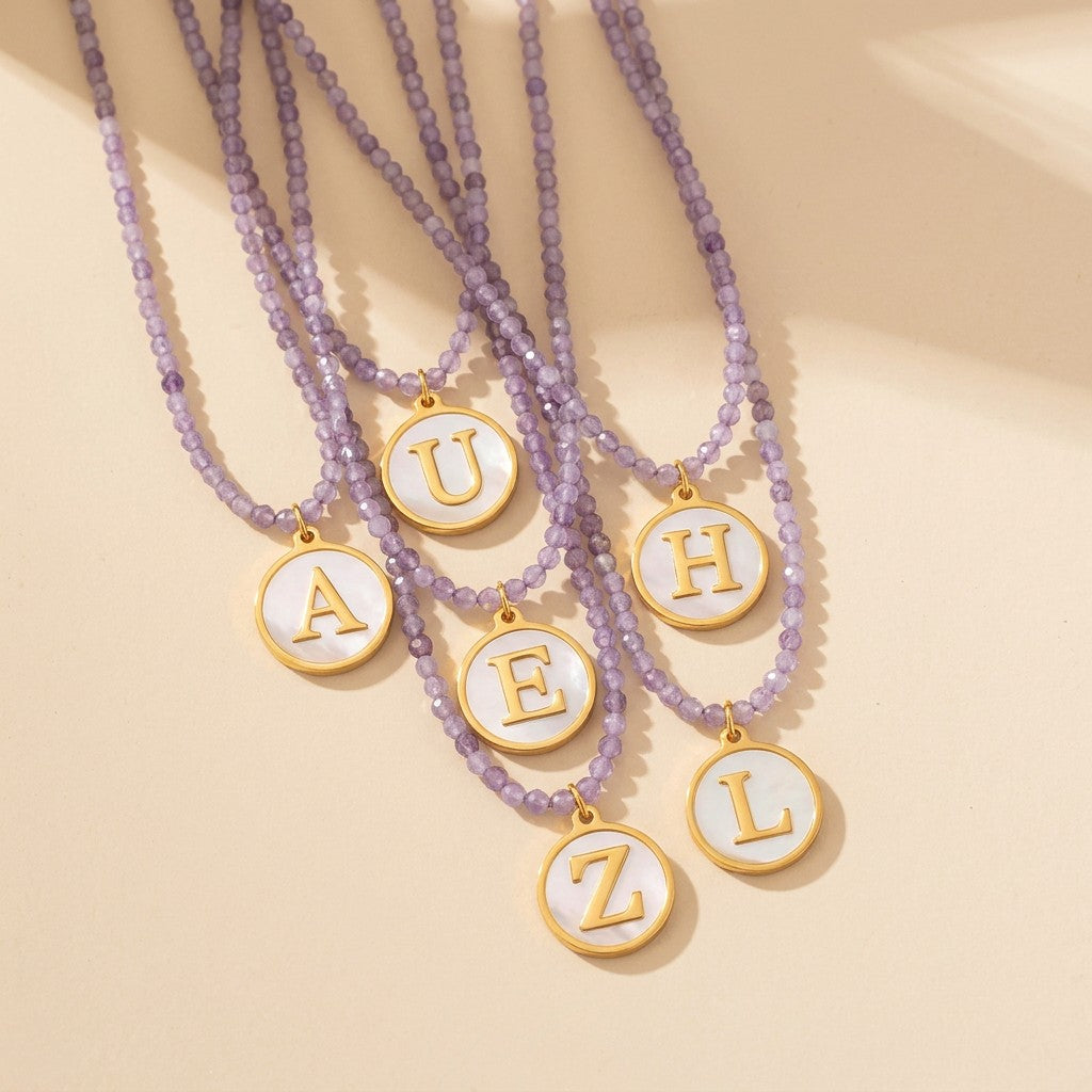 Amethyst Bead Initial Necklace