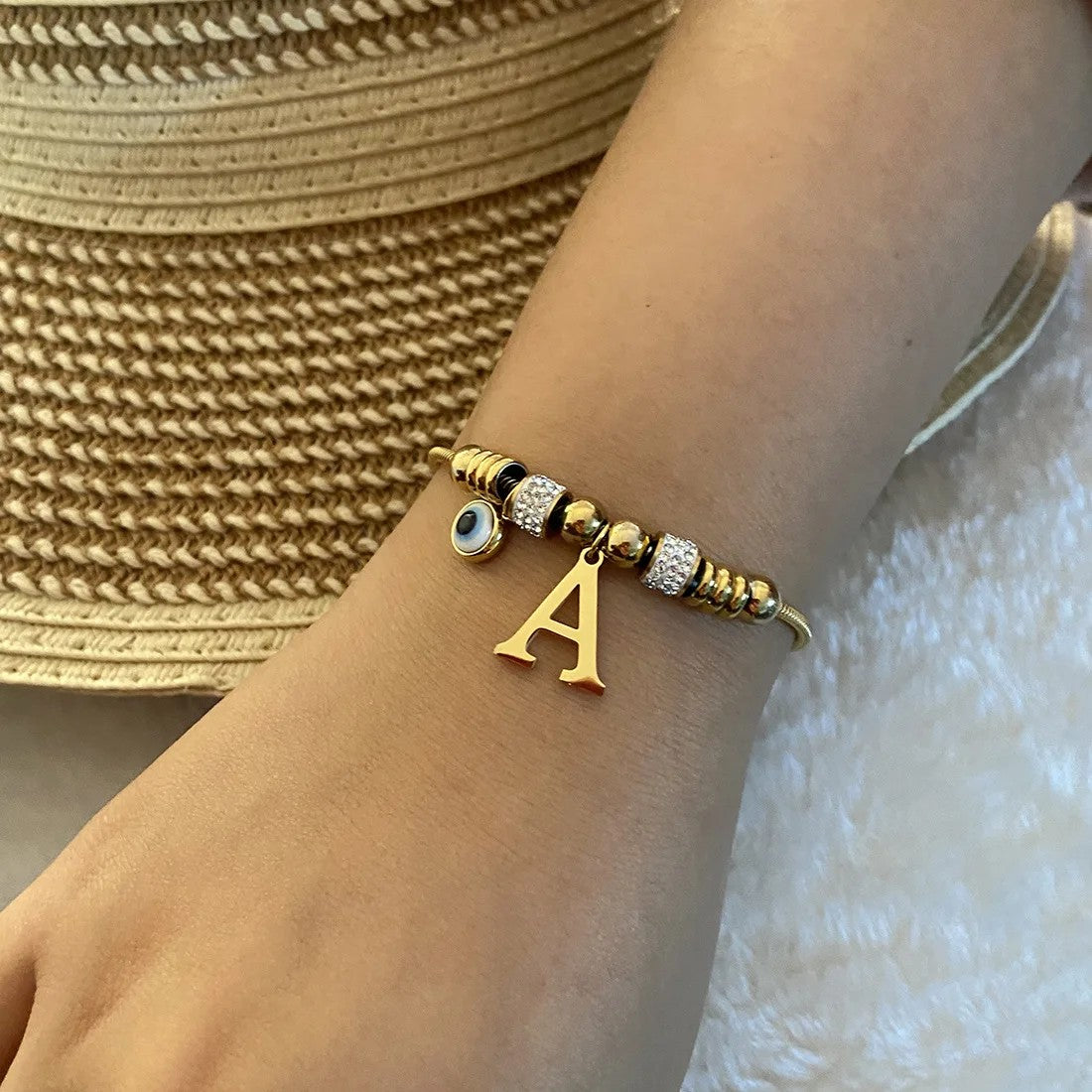 Gold Initial Evil Eye Beaded Pendant
