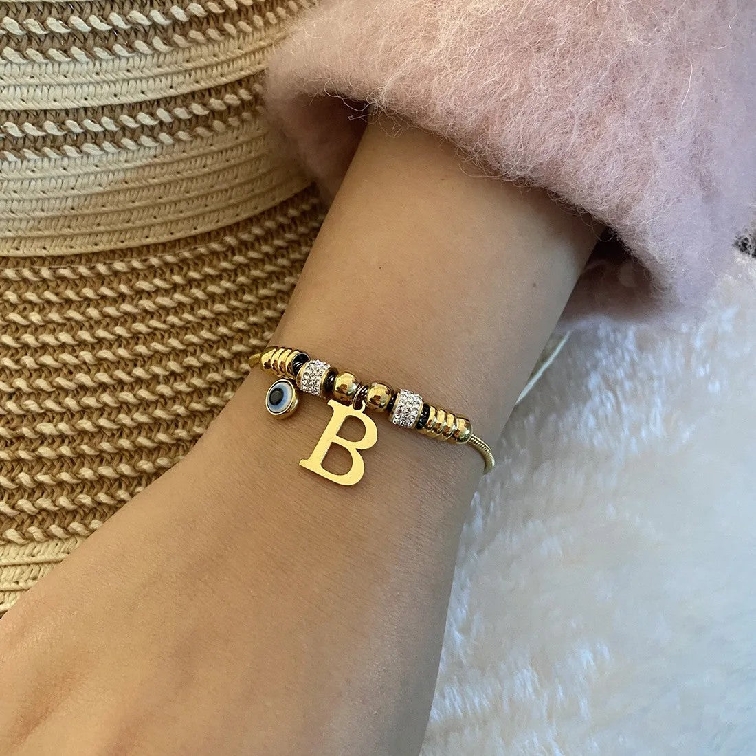 Gold Initial Evil Eye Beaded Pendant