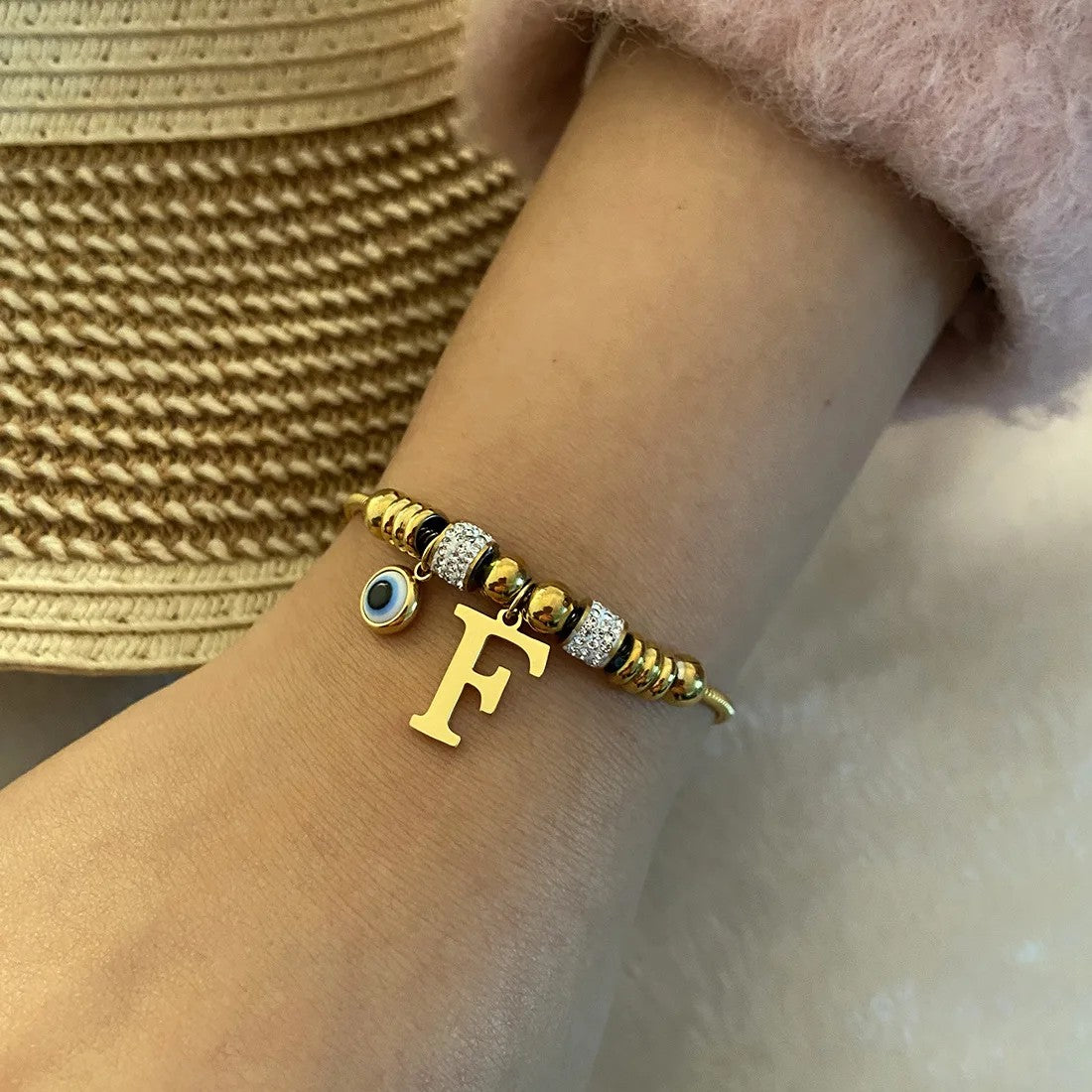 Gold Initial Evil Eye Beaded Pendant