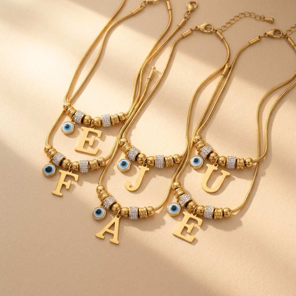 Gold Initial Evil Eye Beaded Pendant