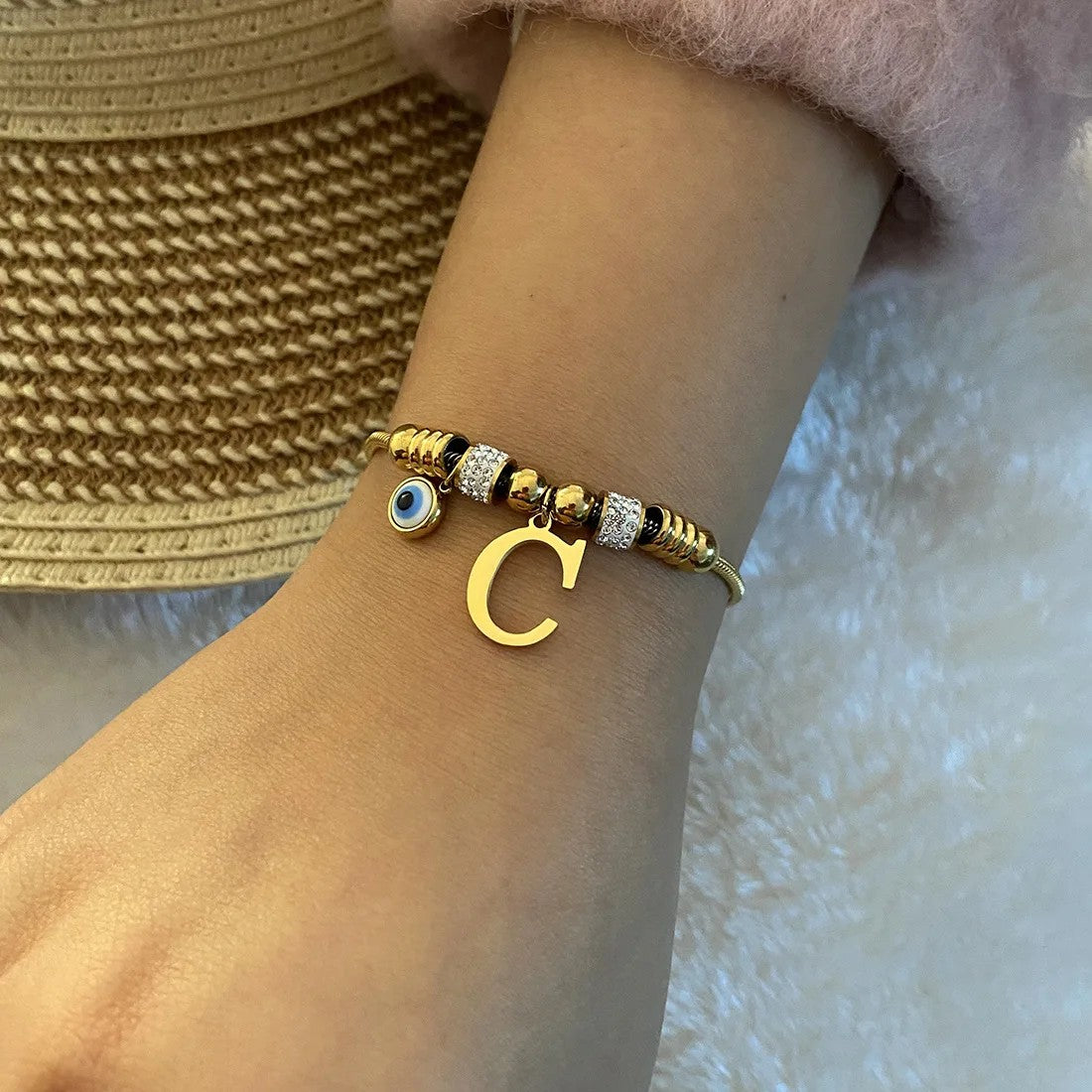 Gold Initial Evil Eye Beaded Pendant