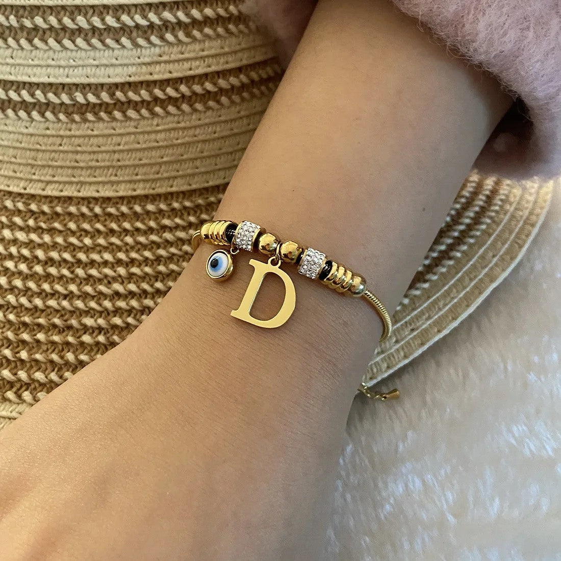 Gold Initial Evil Eye Beaded Pendant