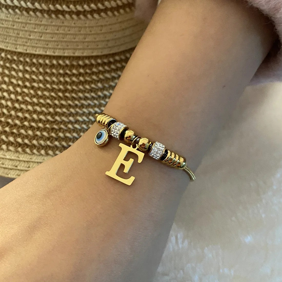 Gold Initial Evil Eye Beaded Pendant