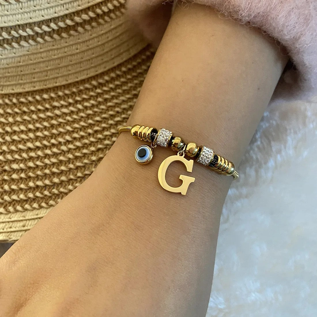 Gold Initial Evil Eye Beaded Pendant