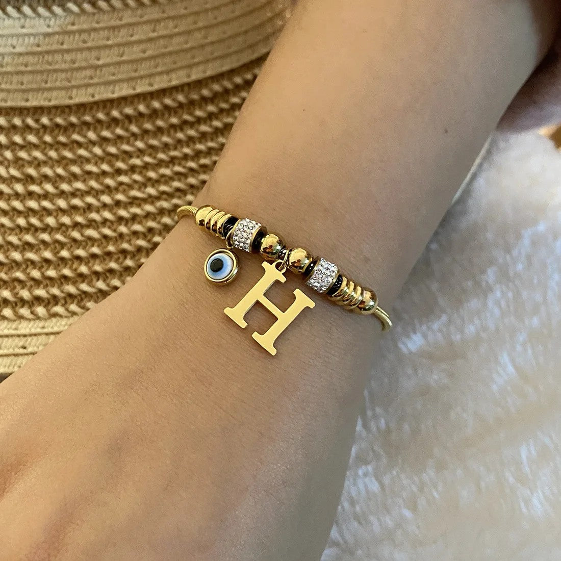 Gold Initial Evil Eye Beaded Pendant