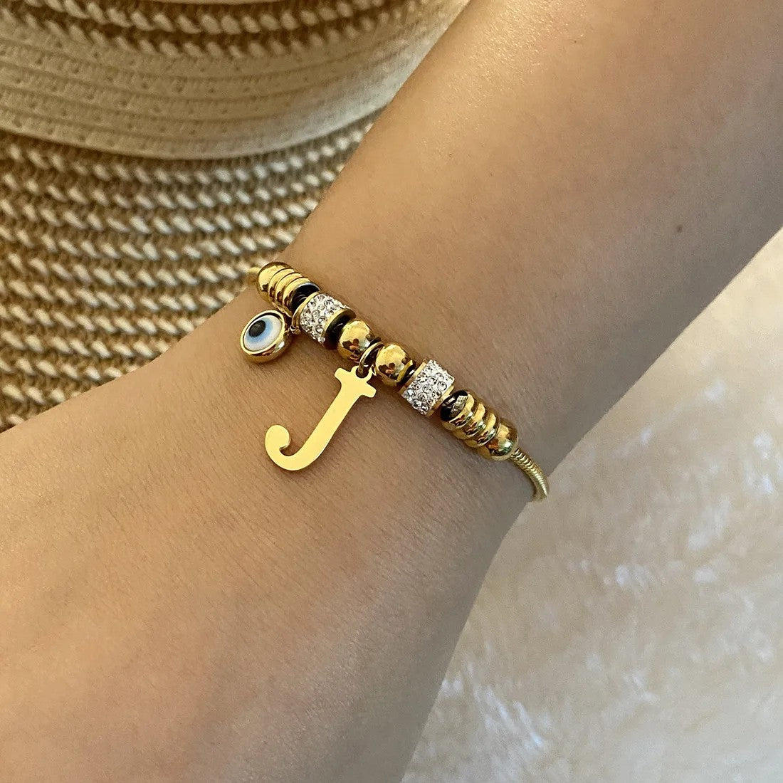 Gold Initial Evil Eye Beaded Pendant