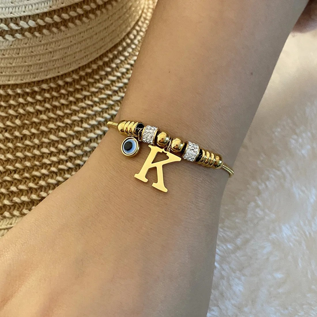 Gold Initial Evil Eye Beaded Pendant