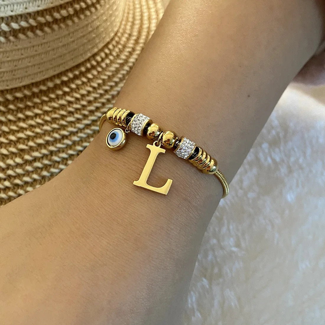 Gold Initial Evil Eye Beaded Pendant