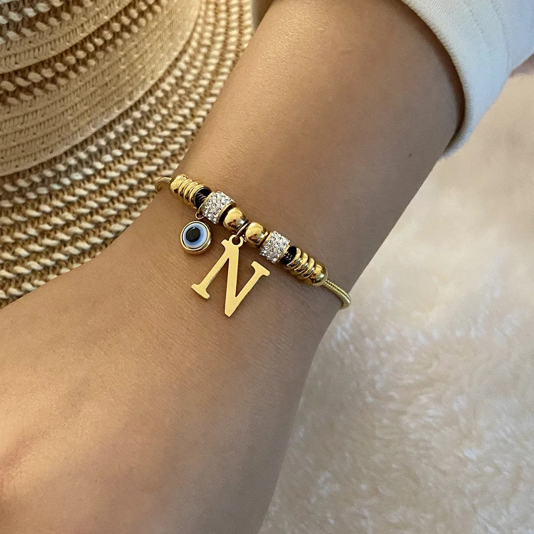 Gold Initial Evil Eye Beaded Pendant