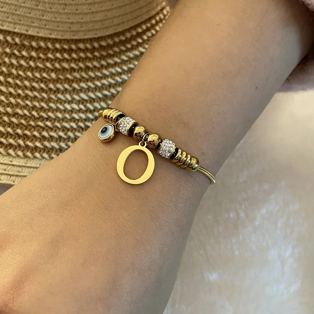 Gold Initial Evil Eye Beaded Pendant