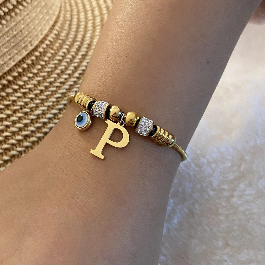 Gold Initial Evil Eye Beaded Pendant