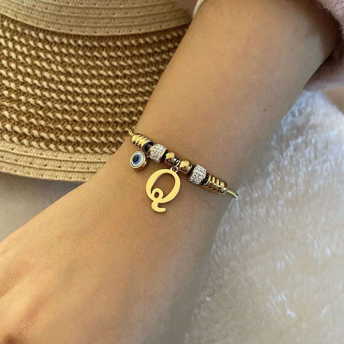 Gold Initial Evil Eye Beaded Pendant