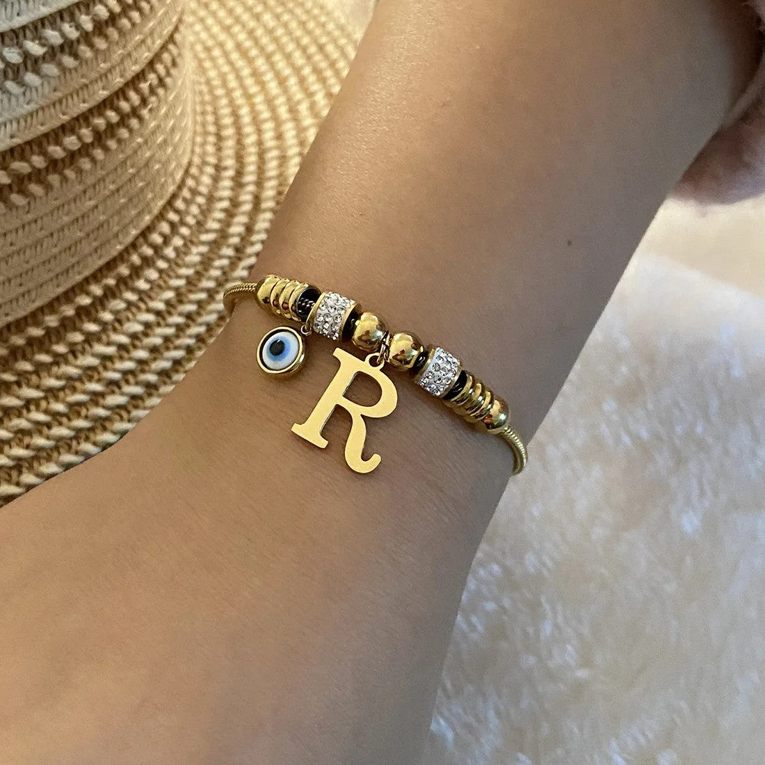 Gold Initial Evil Eye Beaded Pendant