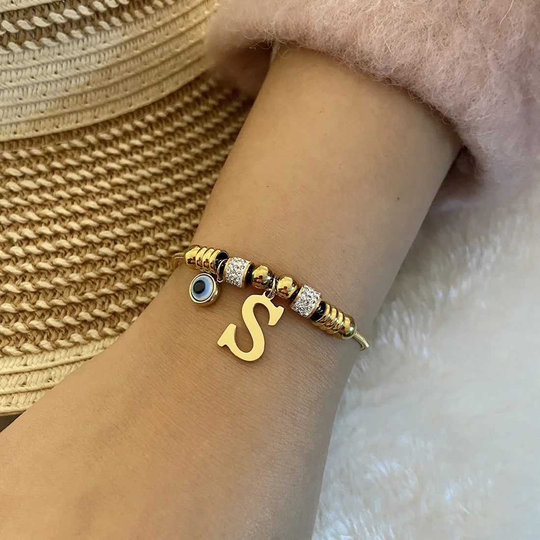 Gold Initial Evil Eye Beaded Pendant