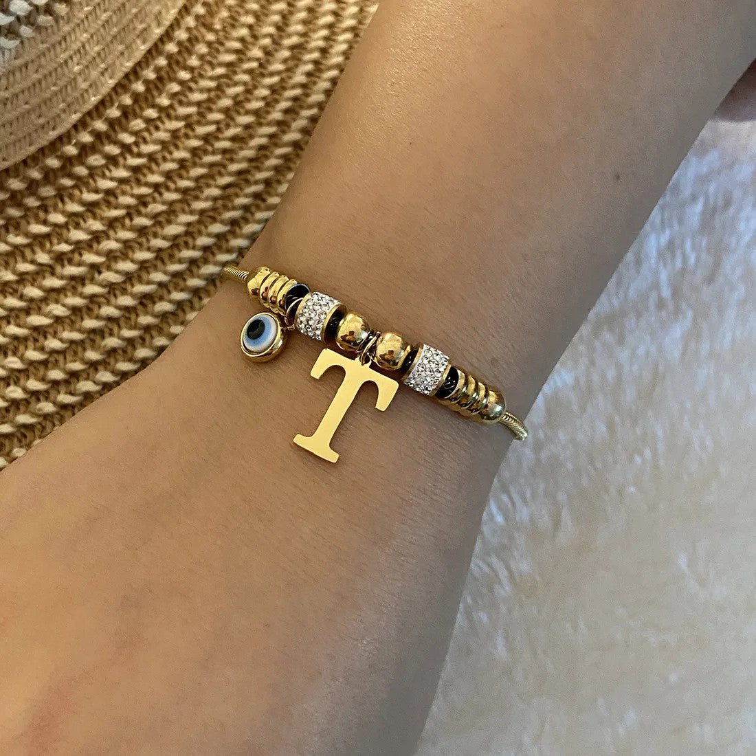 Gold Initial Evil Eye Beaded Pendant