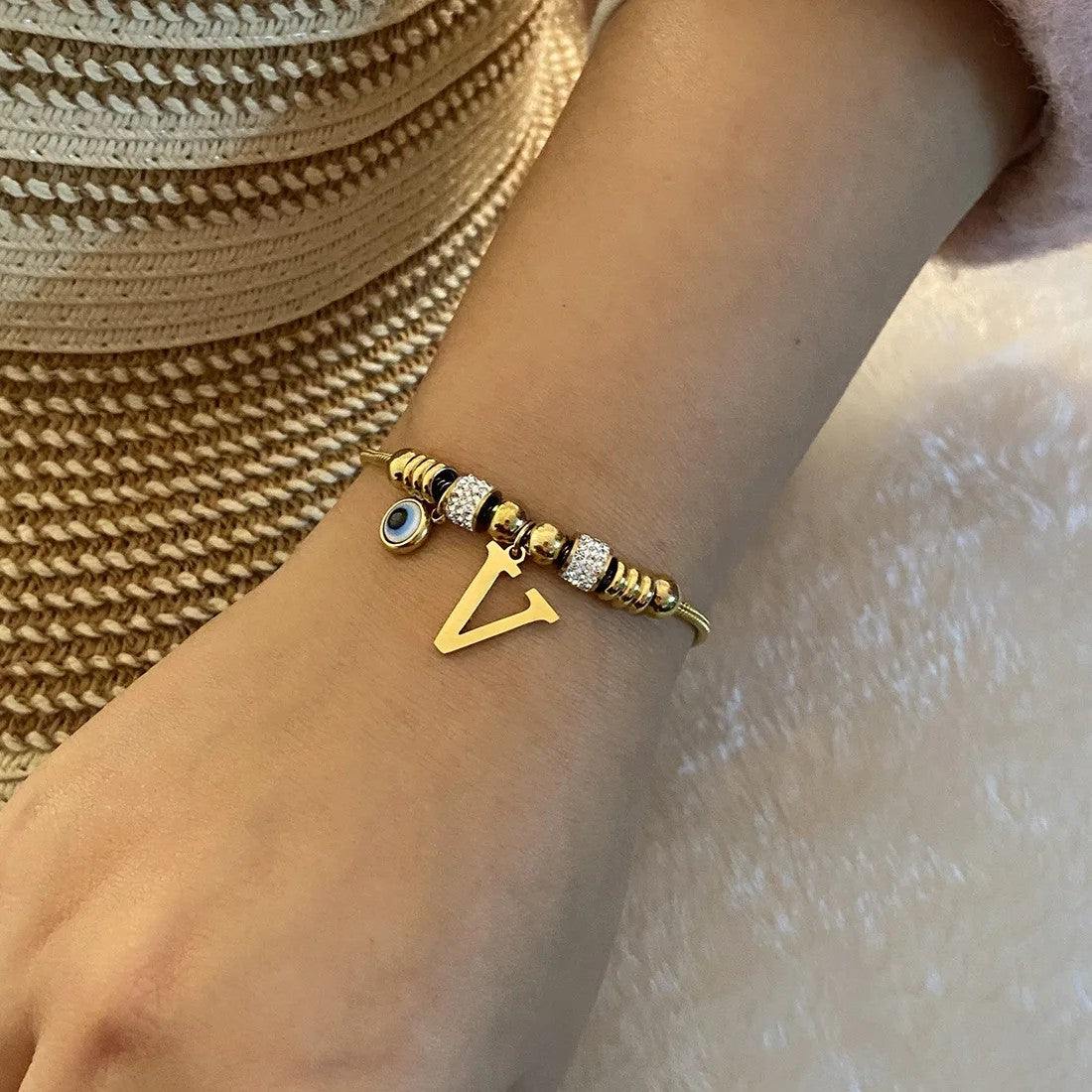Gold Initial Evil Eye Beaded Pendant