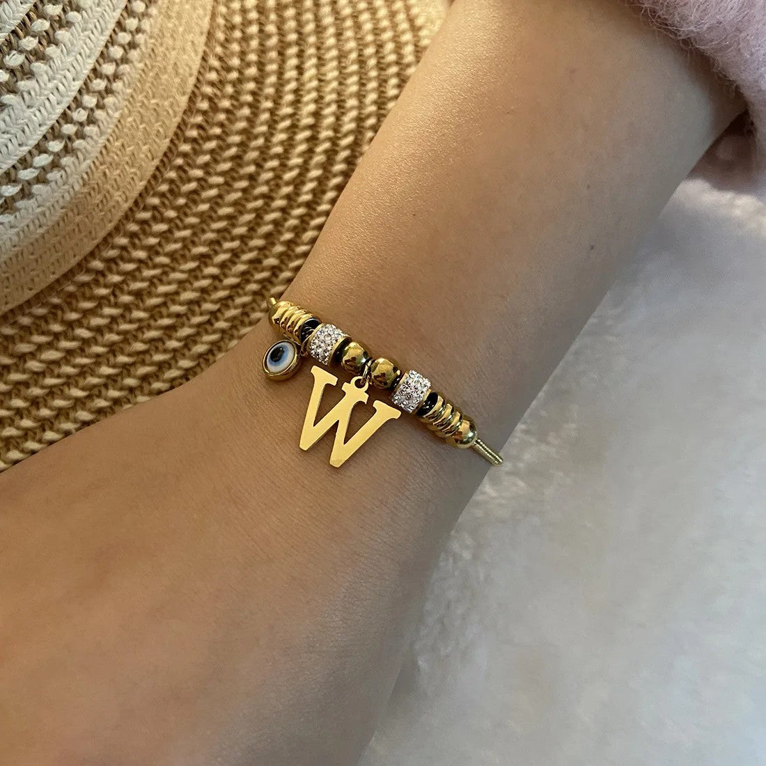 Gold Initial Evil Eye Beaded Pendant
